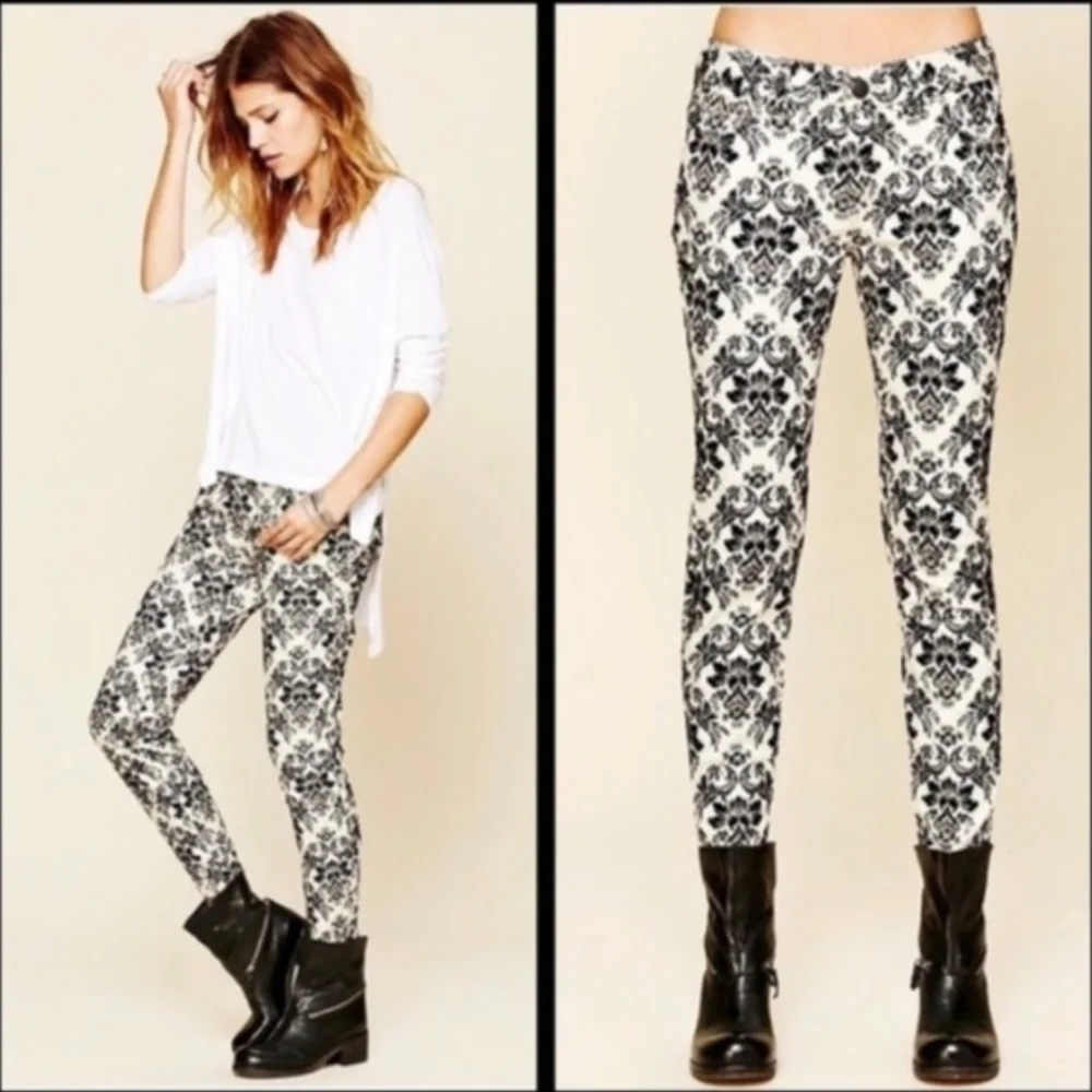 Free People Flocked Black Floral Brocade Pattern Denim Damask Jeans 26